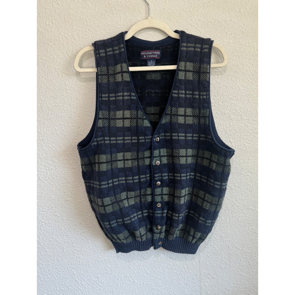 VTG Roundtree & Yorke Tartan Plaid Button Knit Vest Sweater Grandpa Slouchy